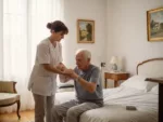 Auxiliaire de vie aidant un senior à se lever de son lit